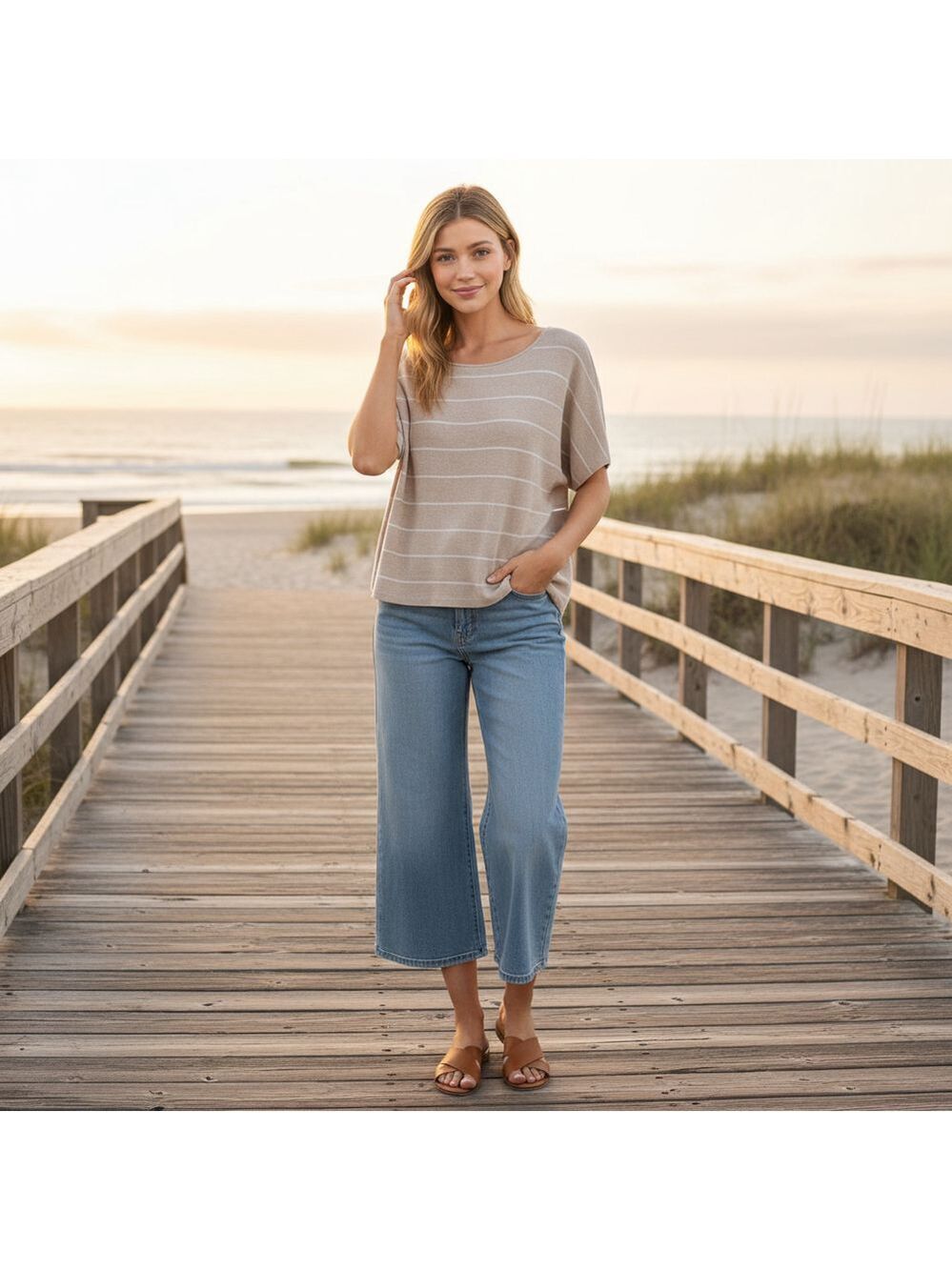 Max Studio women Natural linen striped top hi-low M Grandmacore Quiet Luxury